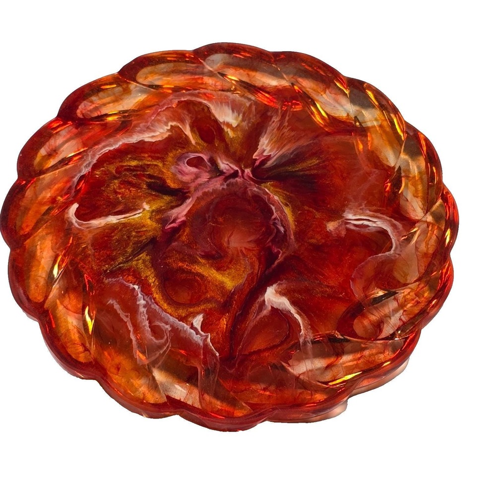 Handmade Resin Round Tray 5.25" Braided Rim Fiery Red–Orange Marble Swirl Decor - Picture 3 of 3